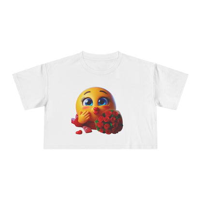 Crop Tee — Blushing Emoji Holding Bouquet Graphic