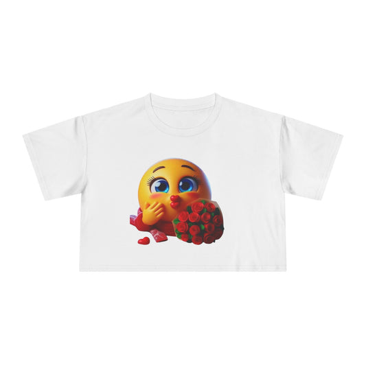 Crop Tee — Blushing Emoji Holding Bouquet Graphic