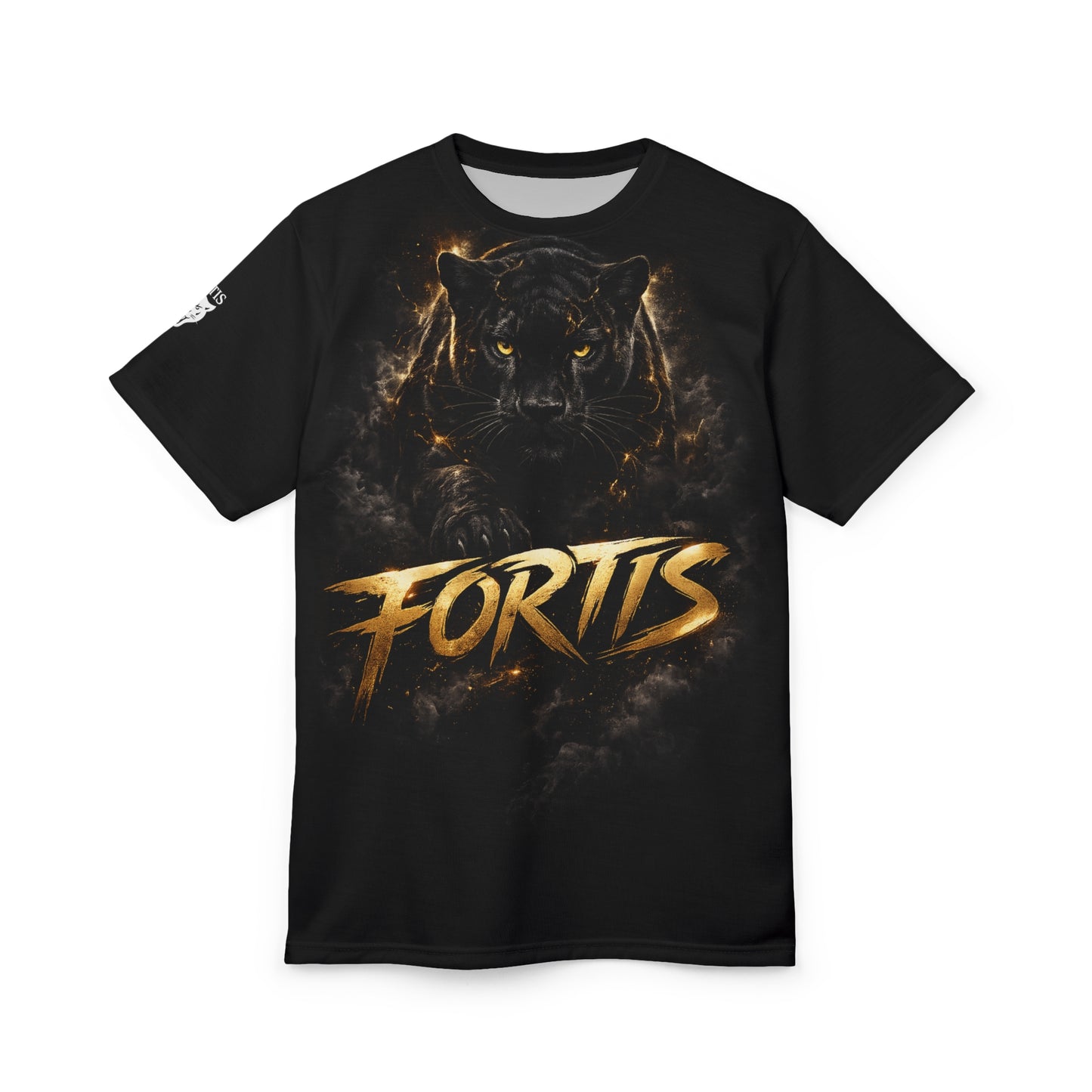 Fortis Black Panther Graphic Tee — Bold Gold Lettering All-Over Print
