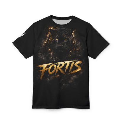 Fortis Black Panther Graphic Tee — Bold Gold Lettering All-Over Print