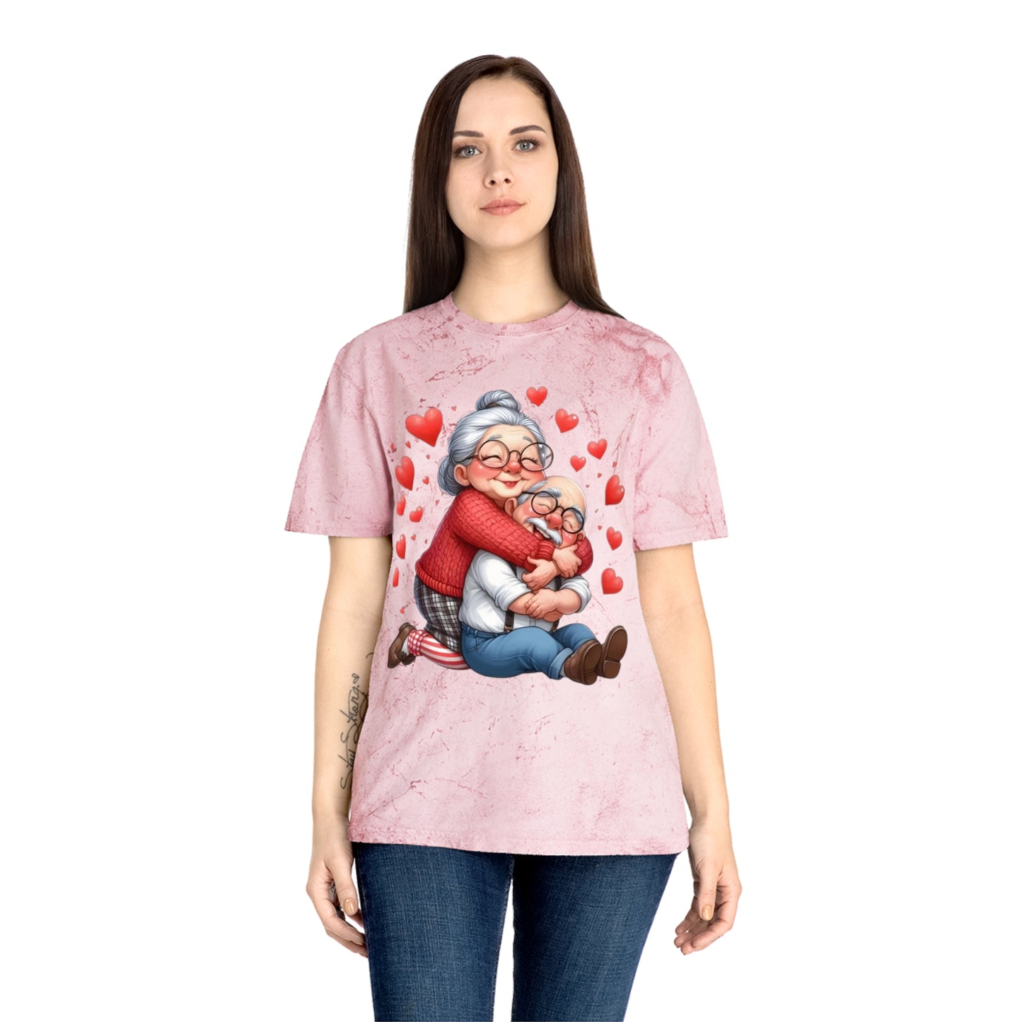 Grandparents Hug T-Shirt – Cute Elderly Couple Illustration, Heart Love Tee