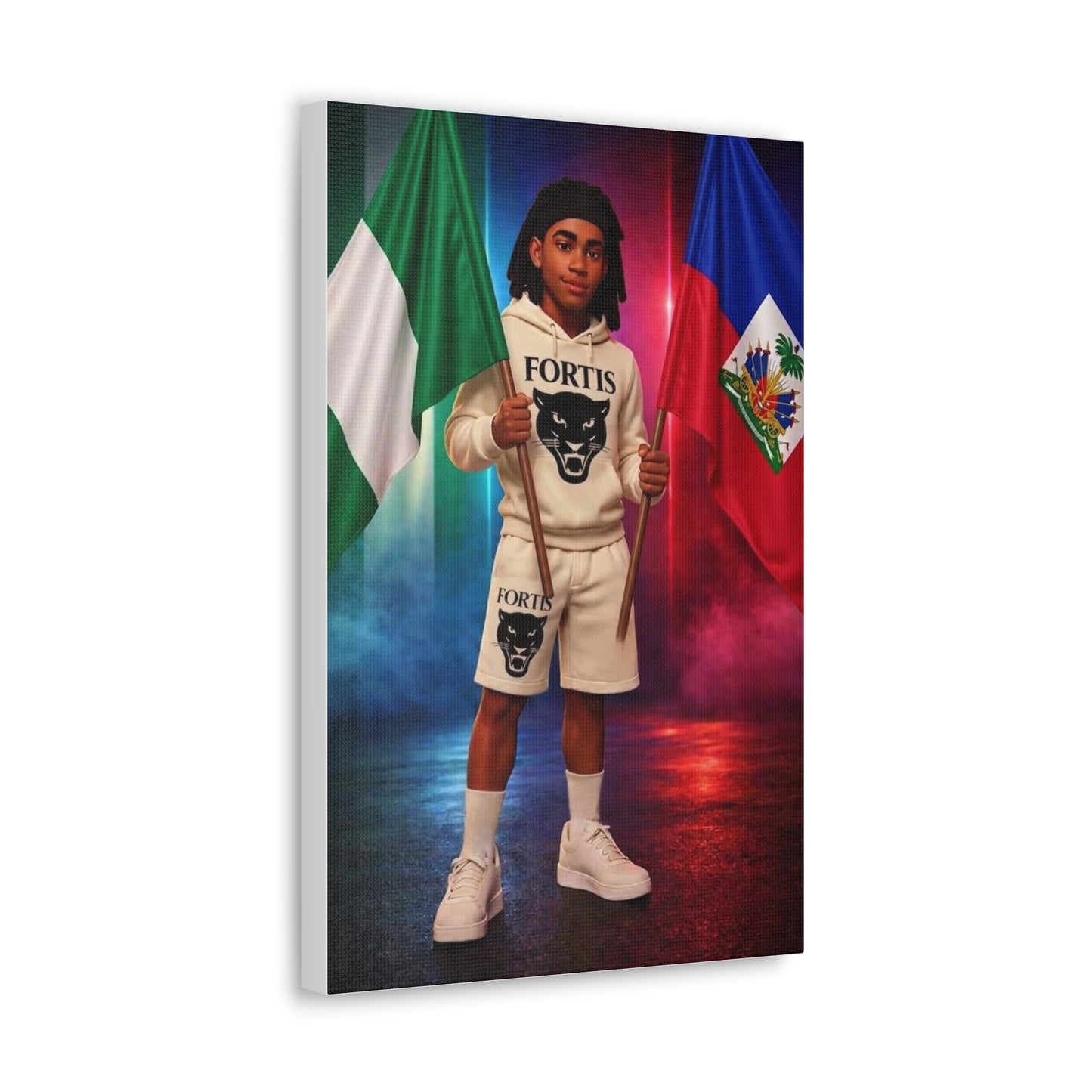 Classic Canvas Portrait Print — Youth Holding Nigeria & Haiti Flags