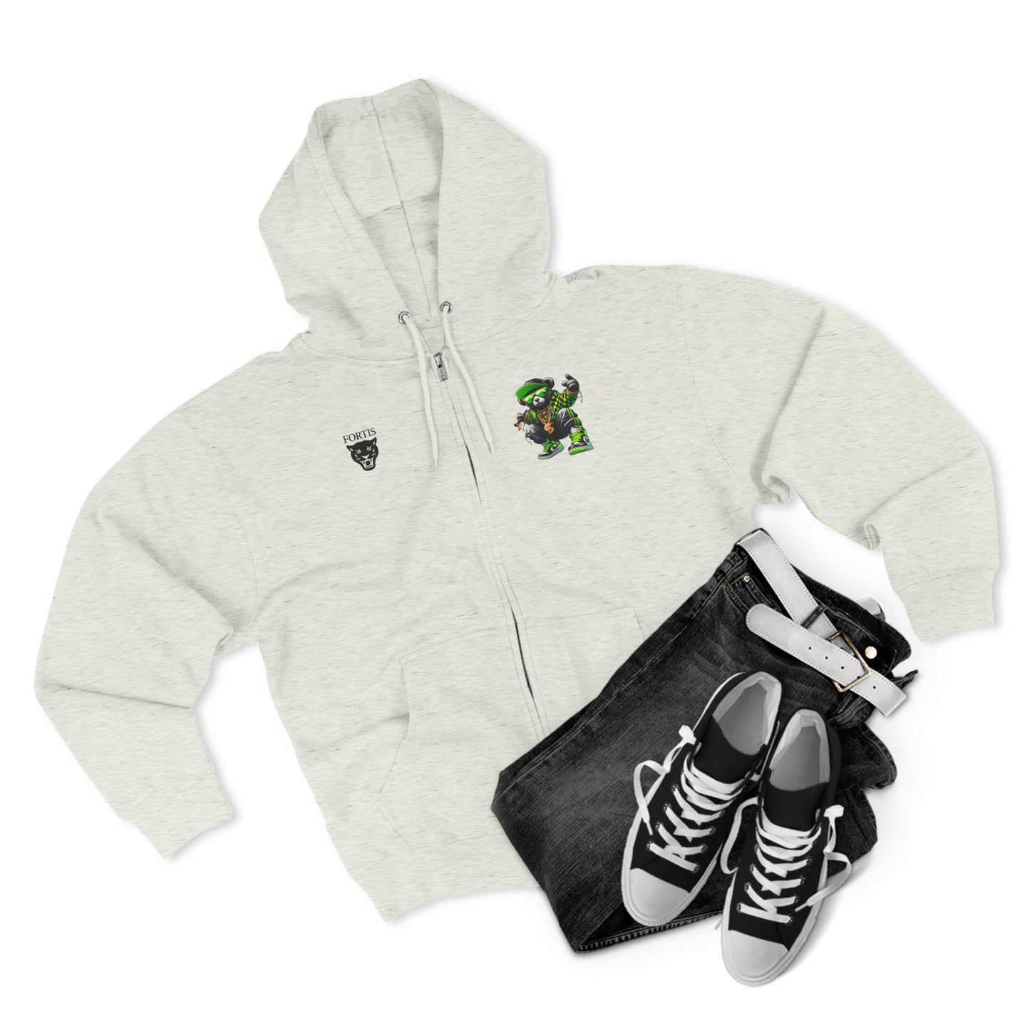 Streetwear Bear Zip Hoodie — Green Urban Teddy Graphic Zip-Up