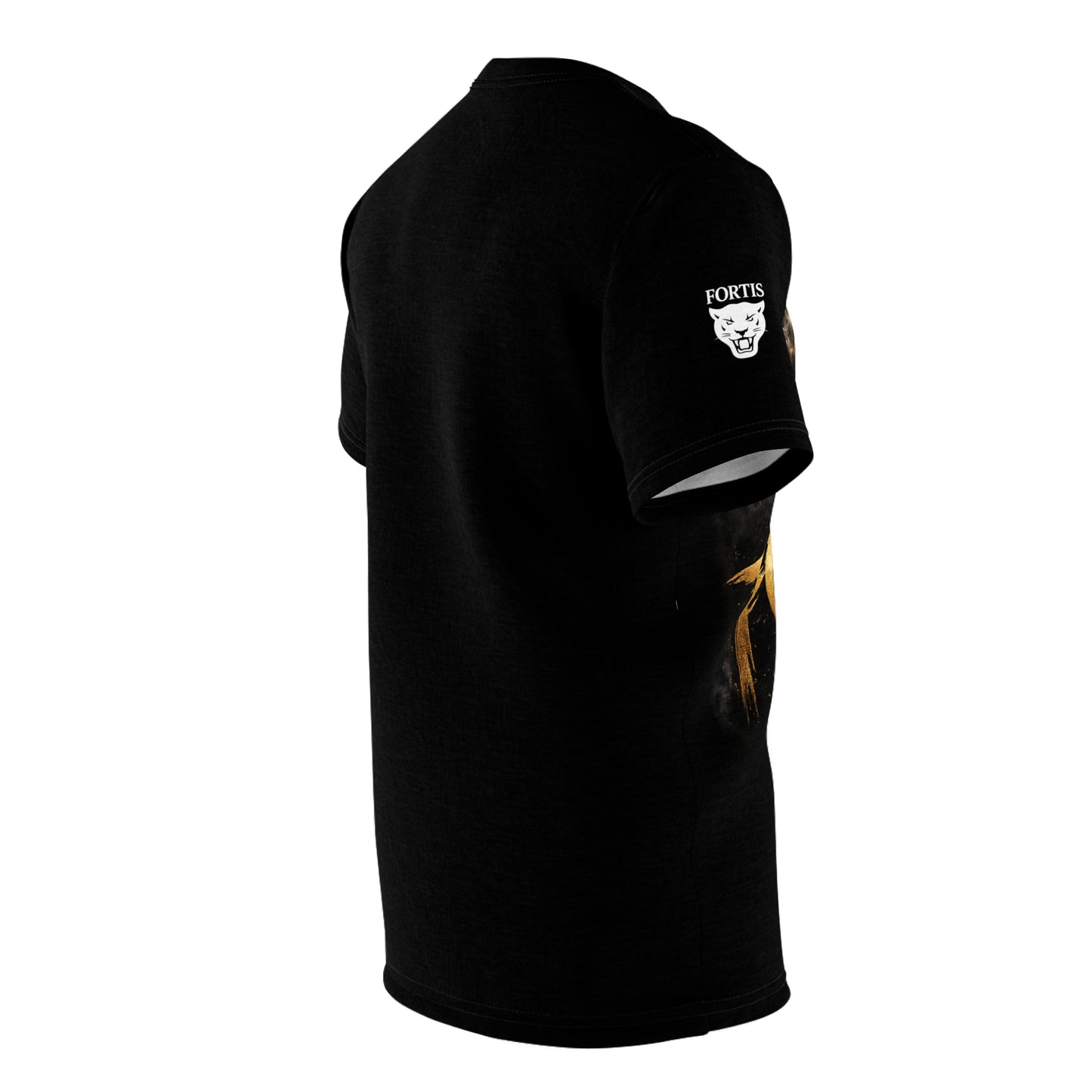 Fortis Black Panther Graphic Tee — Bold Gold Lettering All-Over Print