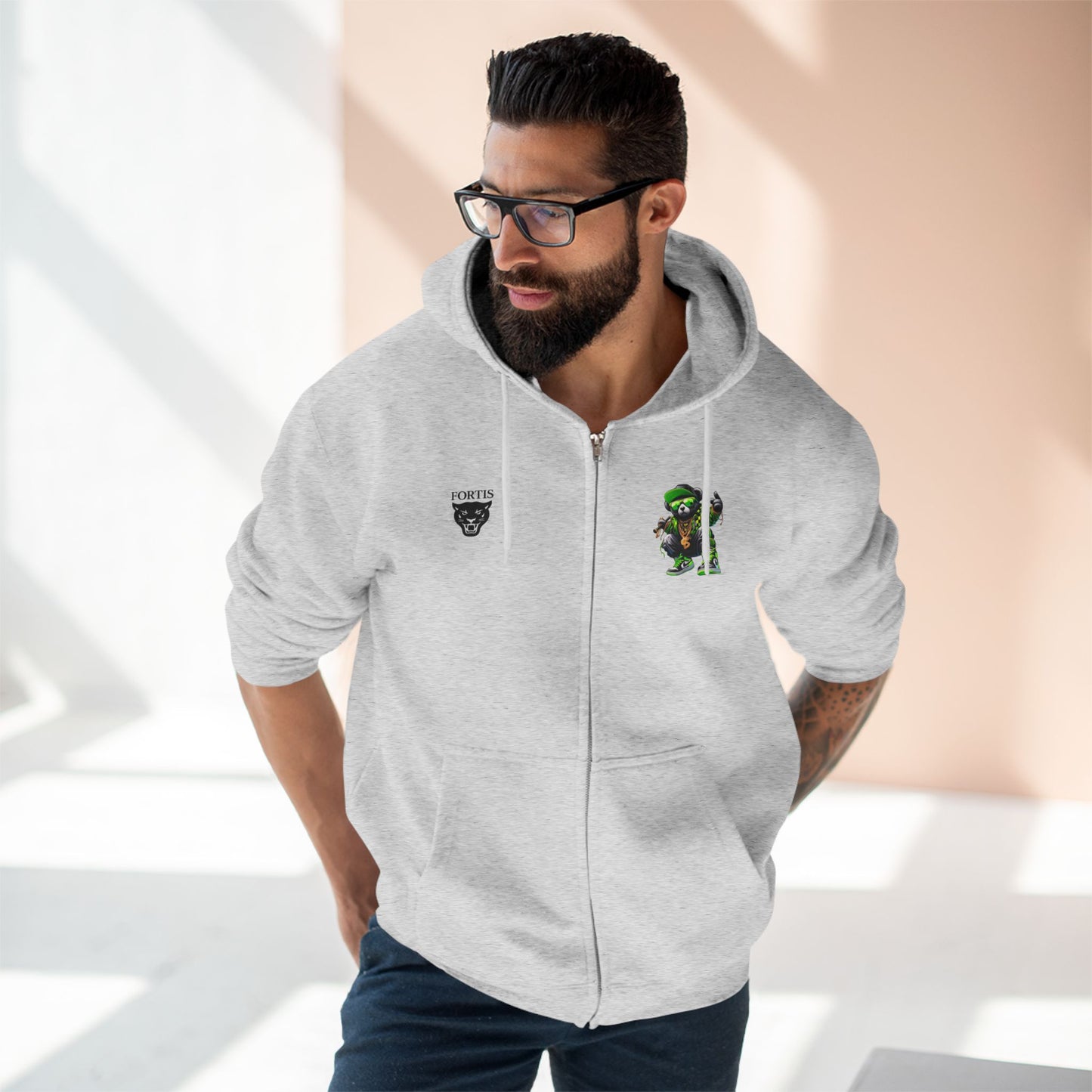 Streetwear Bear Zip Hoodie — Green Urban Teddy Graphic Zip-Up