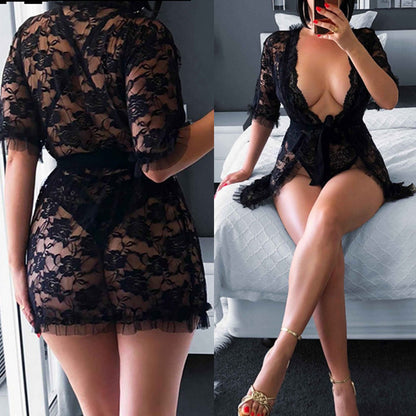 Robe Kimono Sexy en Dentelle Transparente – Cardigan Lingerie Noir pour Femme