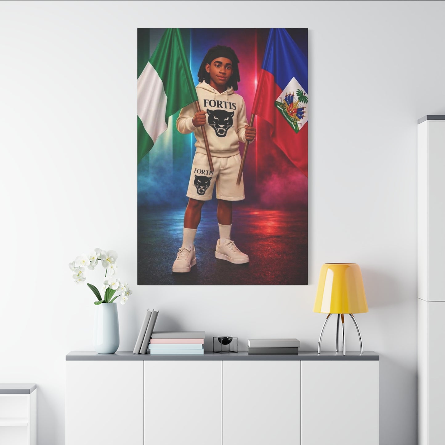 Classic Canvas Portrait Print — Youth Holding Nigeria & Haiti Flags