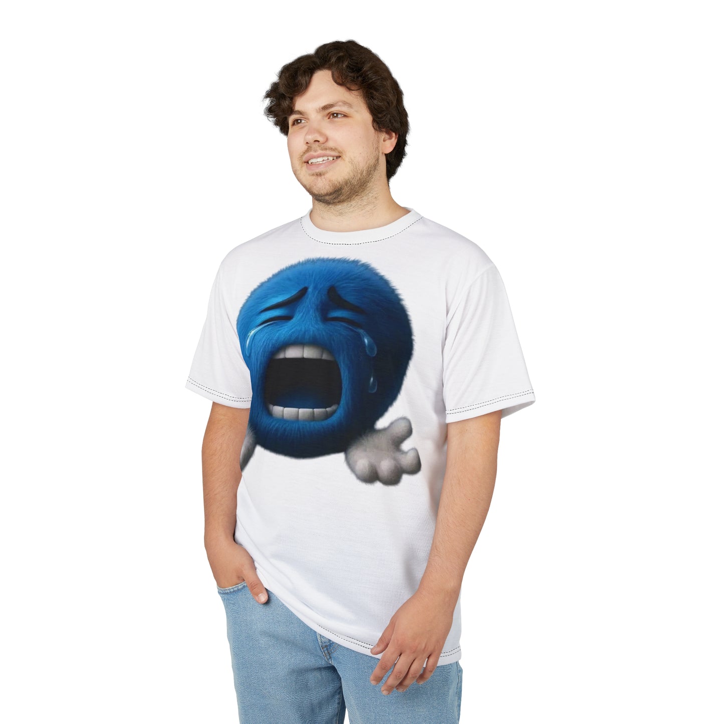 Crying Blue Fuzzy Emoji T-Shirt — Sad Face Graphic Tee