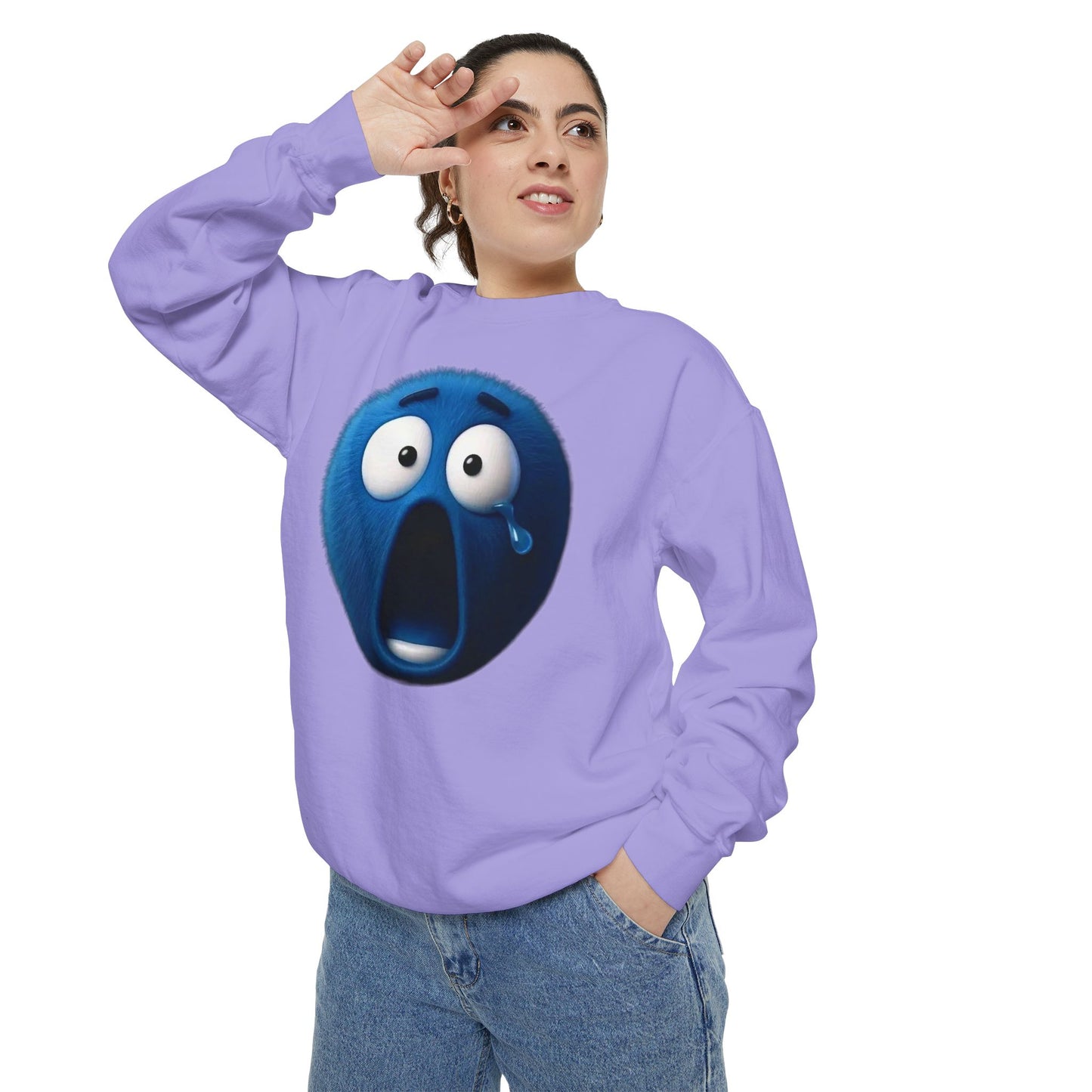 Blue Shock Emoji Sweatshirt — Funny Surprised Face Graphic Pullover