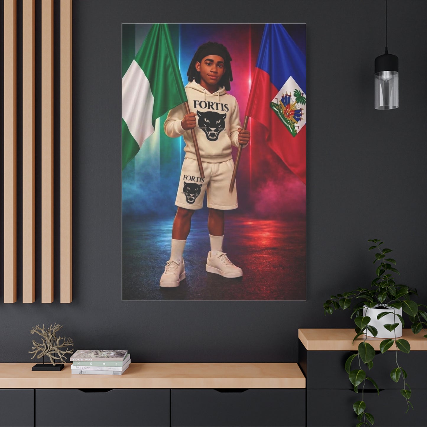 Classic Canvas Portrait Print — Youth Holding Nigeria & Haiti Flags