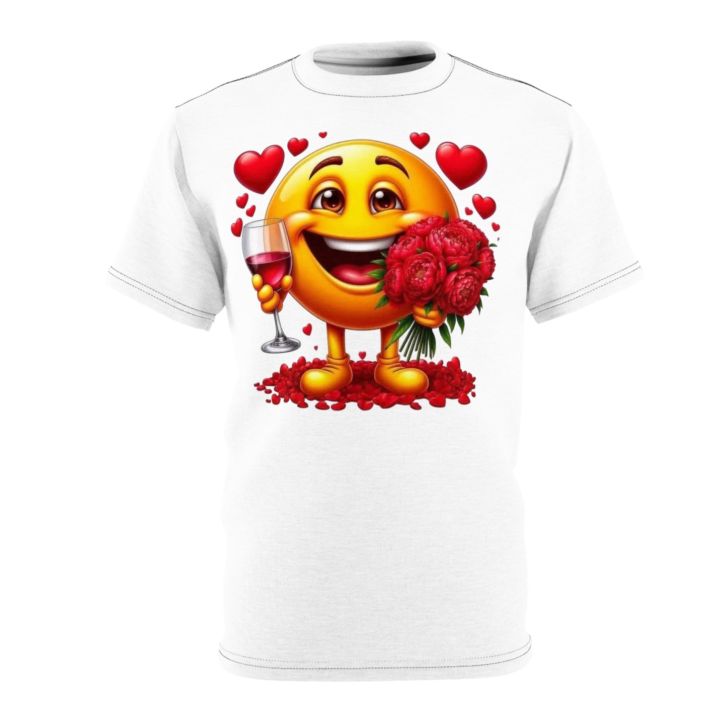 Valentine Emoji Tee — Smiling Emoji with Roses & Wine Gift T-Shirt