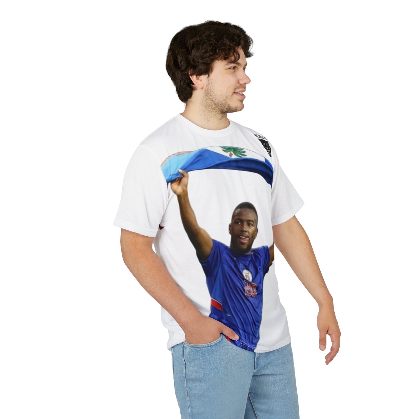 Haiti Soccer Fan Tee – Player Celebrating with Haitian Flag