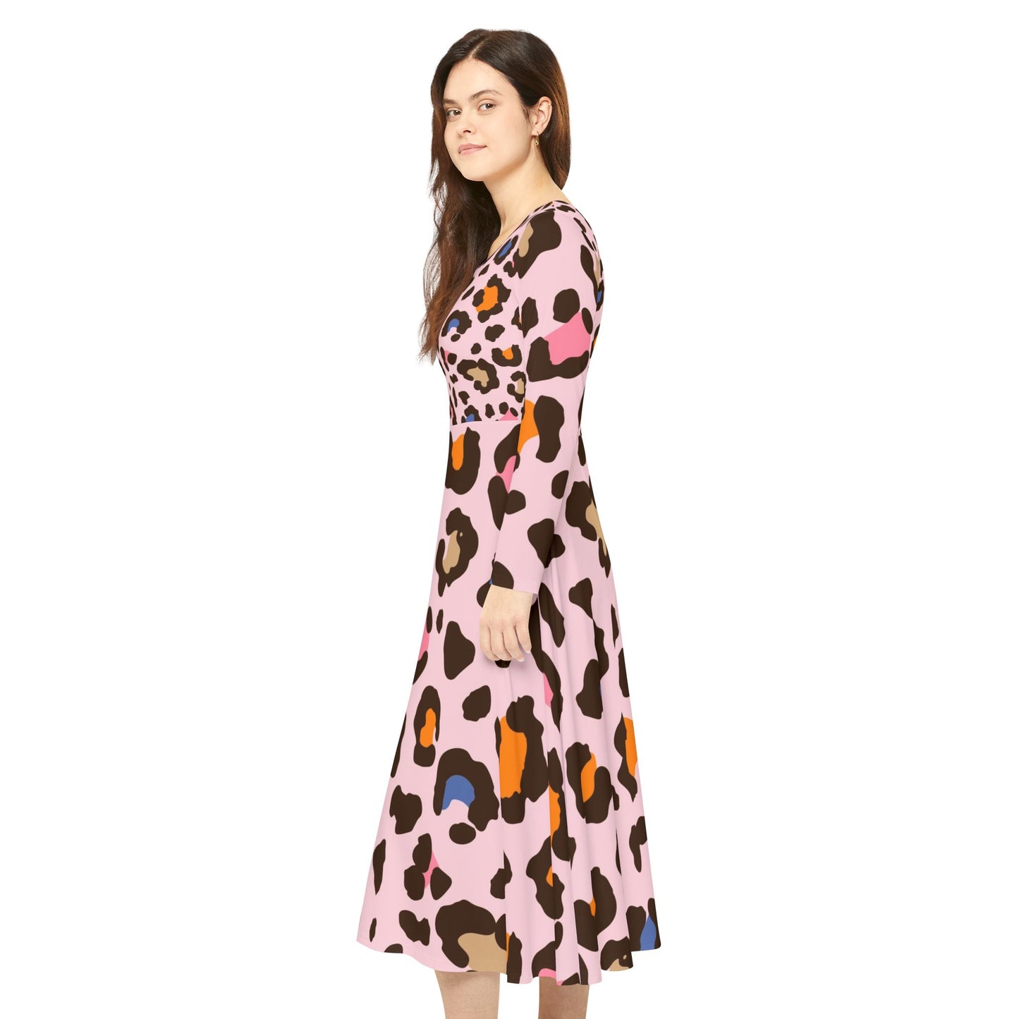 Pink Leopard Print Long Sleeve Dance Dress — Women's AOP Swing Skater Dress