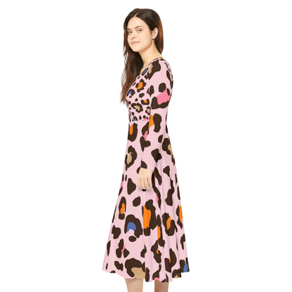Pink Leopard Print Long Sleeve Dance Dress — Women's AOP Swing Skater Dress