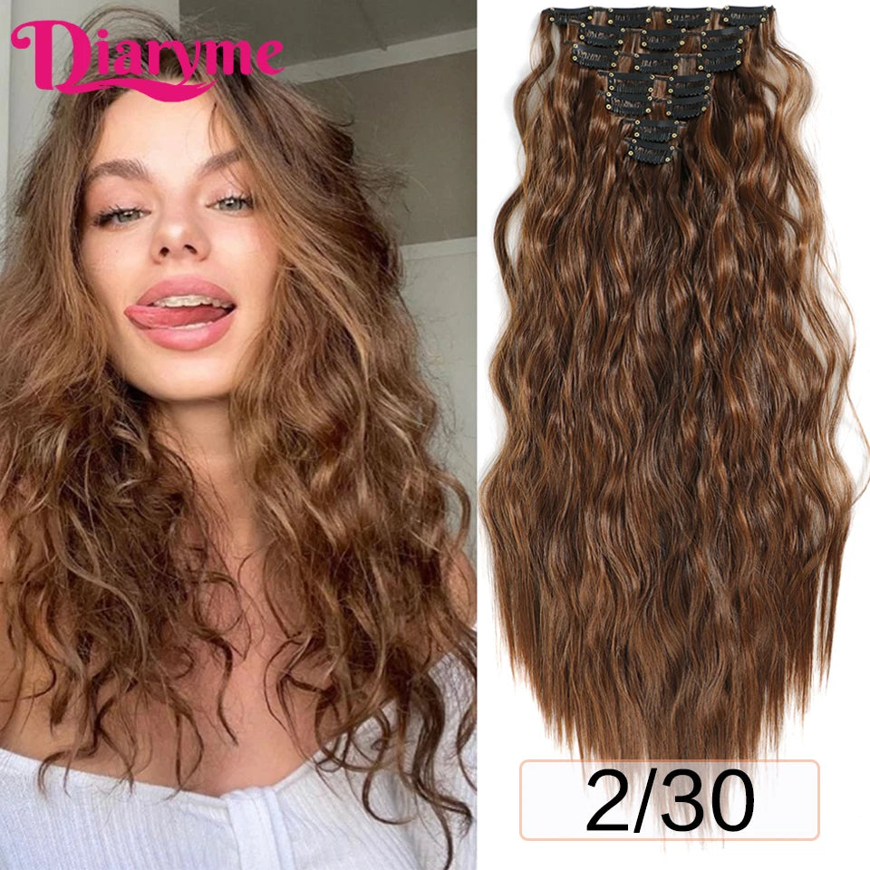 Long Waves Hair Extensions Synthetic Wig Hairpieces 7 PCS Wavy Curly Clip in Hair Extension Natural Fake Hair Piece Half Wig