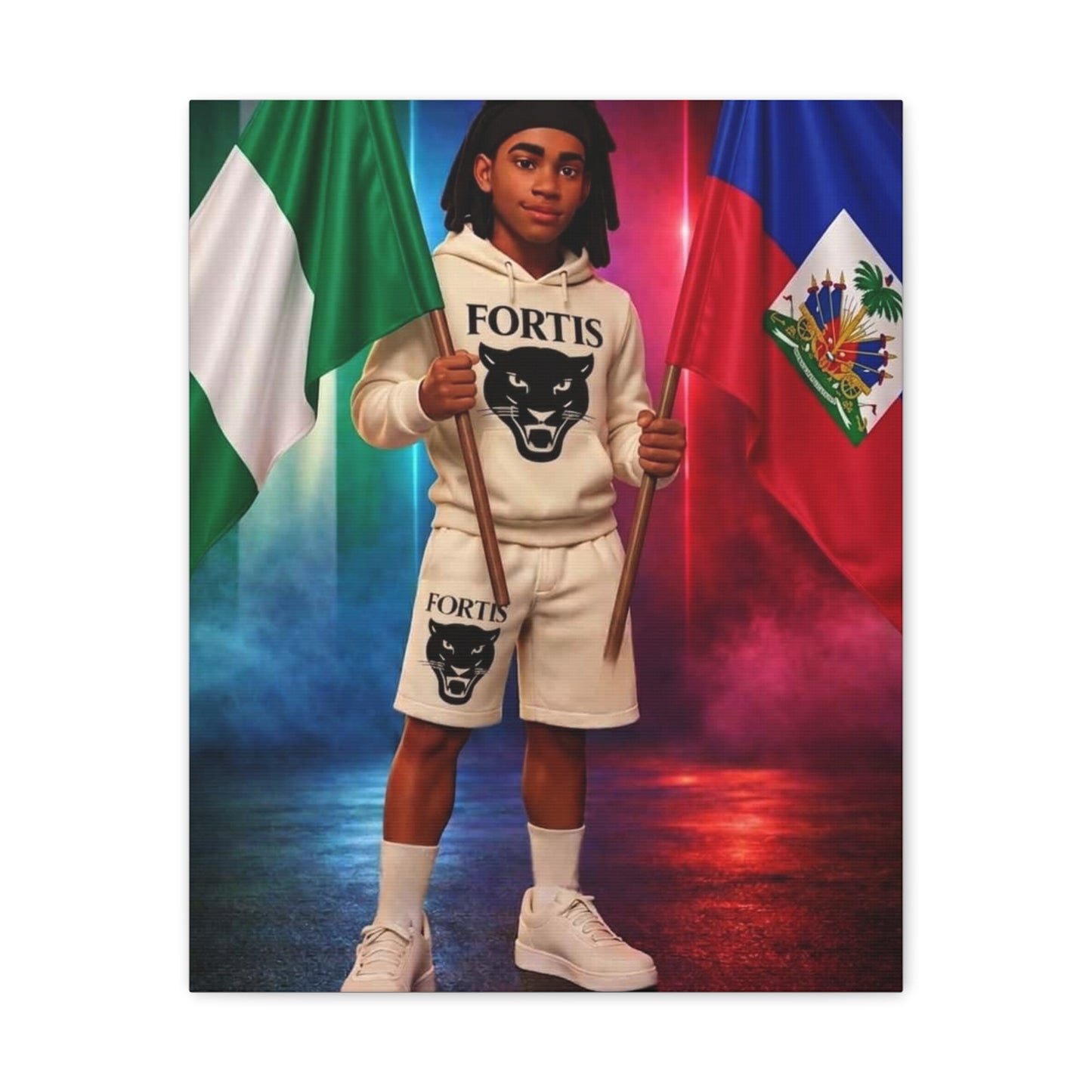 Classic Canvas Portrait Print — Youth Holding Nigeria & Haiti Flags