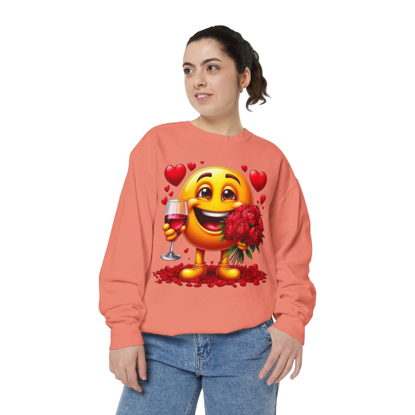 Valentine Emoji Sweatshirt — Smiley with Roses & Wine Love Crewneck