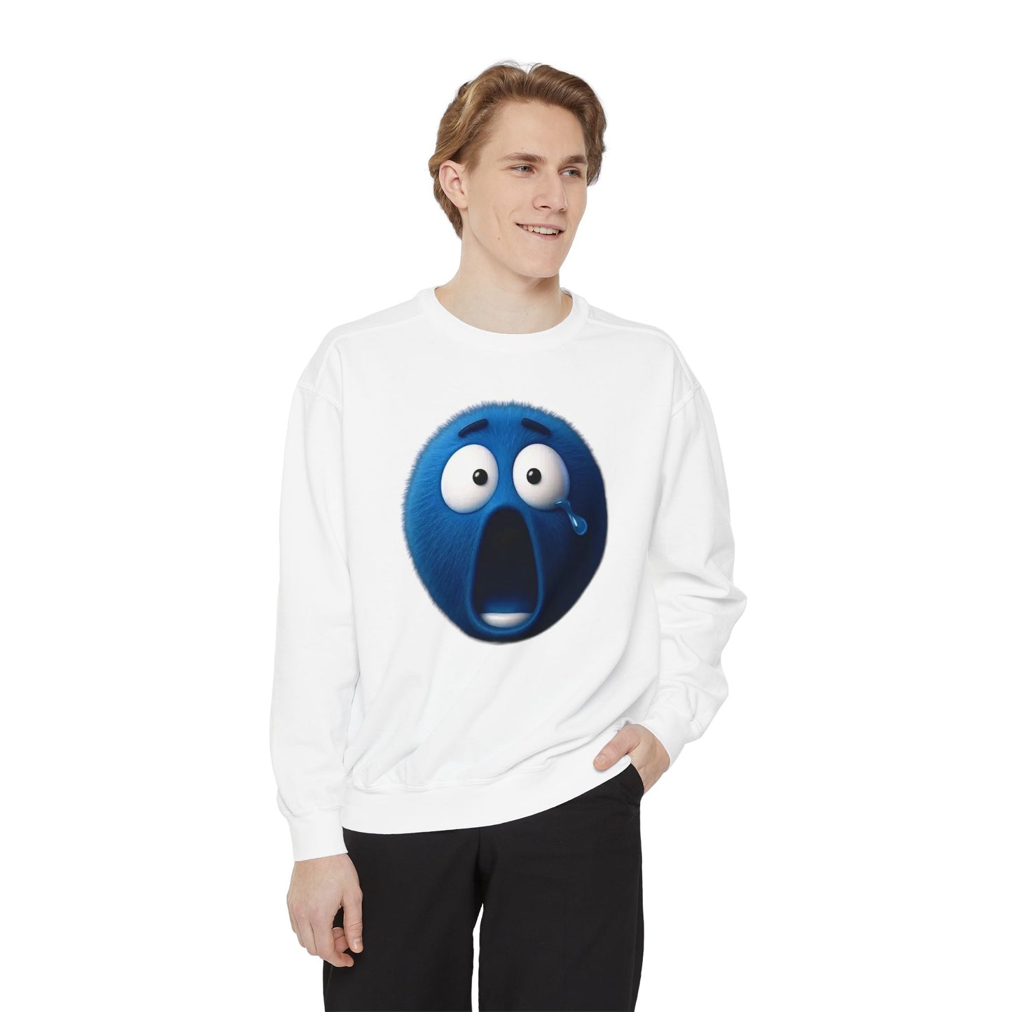 Blue Shock Emoji Sweatshirt — Funny Surprised Face Graphic Pullover