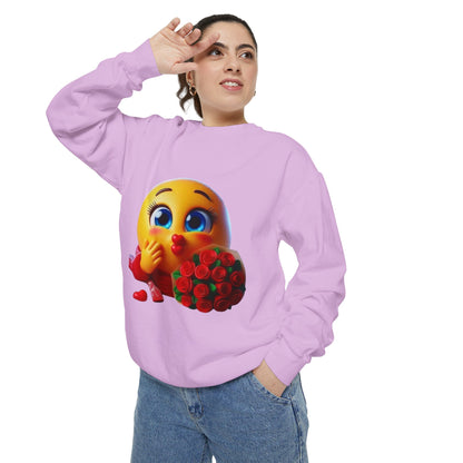 Kissing Emoji with Roses Sweatshirt — Cute Valentine’s Bouquet Graphic Sweatshirt