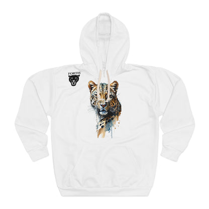 Tiger Watercolor Hoodie — Artistic Big Cat Pullover with 'Fortis' Emblem