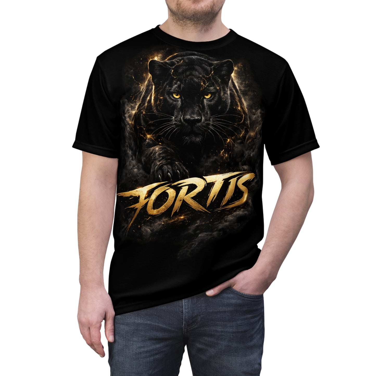 Fortis Black Panther Graphic Tee — Bold Gold Lettering All-Over Print