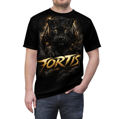Fortis Black Panther Graphic Tee — Bold Gold Lettering All-Over Print