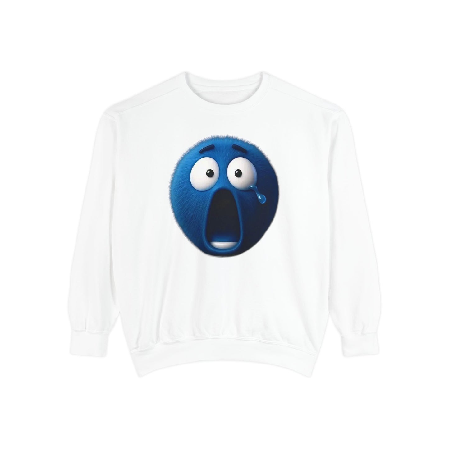 Blue Shock Emoji Sweatshirt — Funny Surprised Face Graphic Pullover