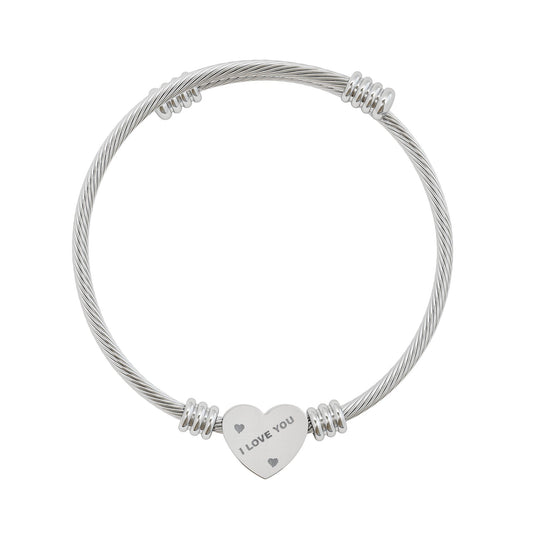 Engravable Heart Cuff Bracelet - Personalized Name/Date Stainless Steel Bangle (Silver & Gold)