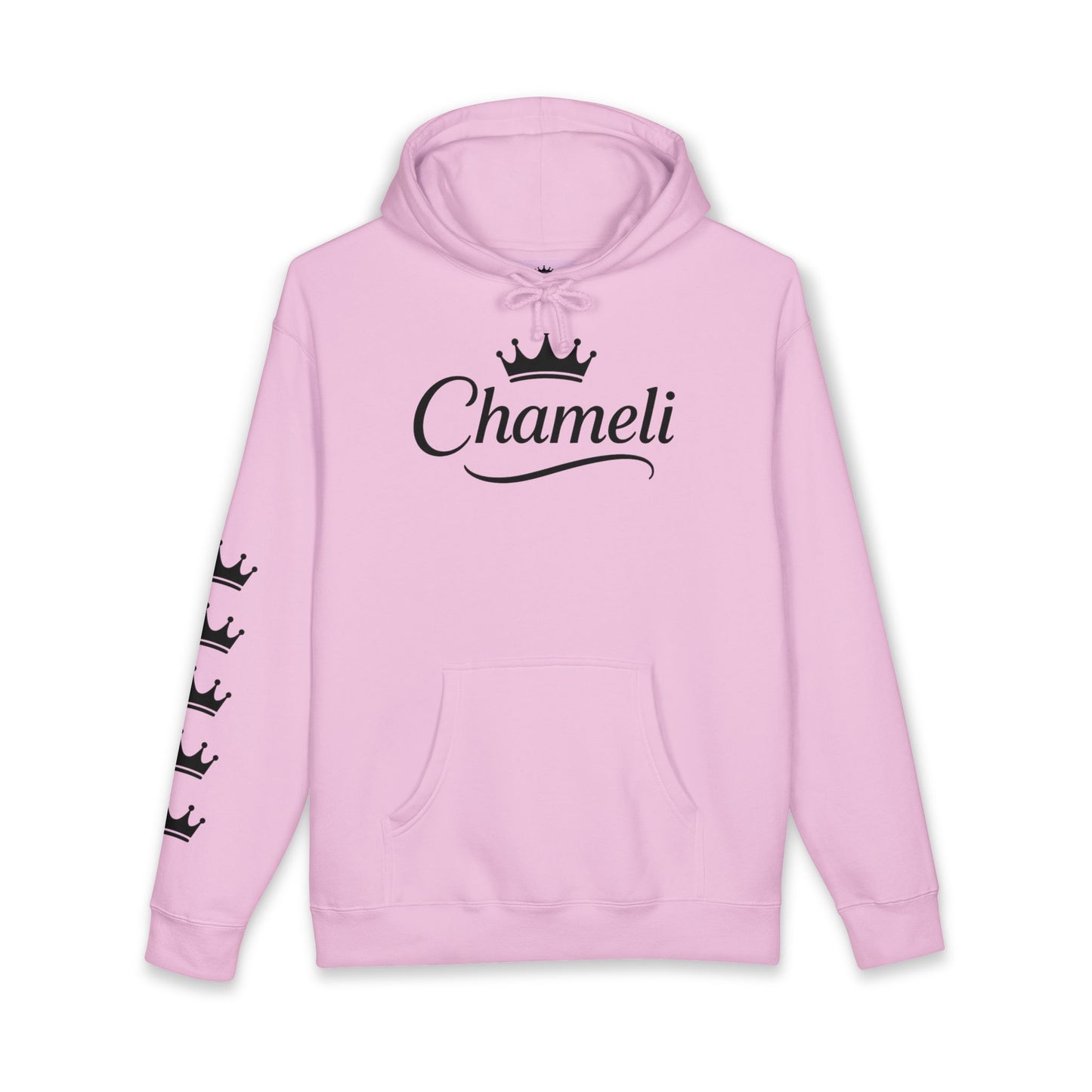 Chameli Crown Hoodie — Personalized Script Logo Pullover with Sleeve Crowns
