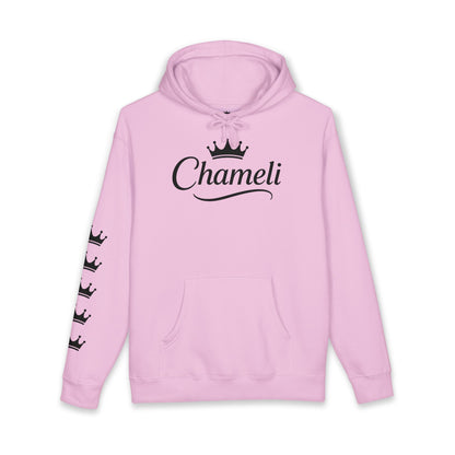 Chameli Crown Hoodie — Personalized Script Logo Pullover with Sleeve Crowns