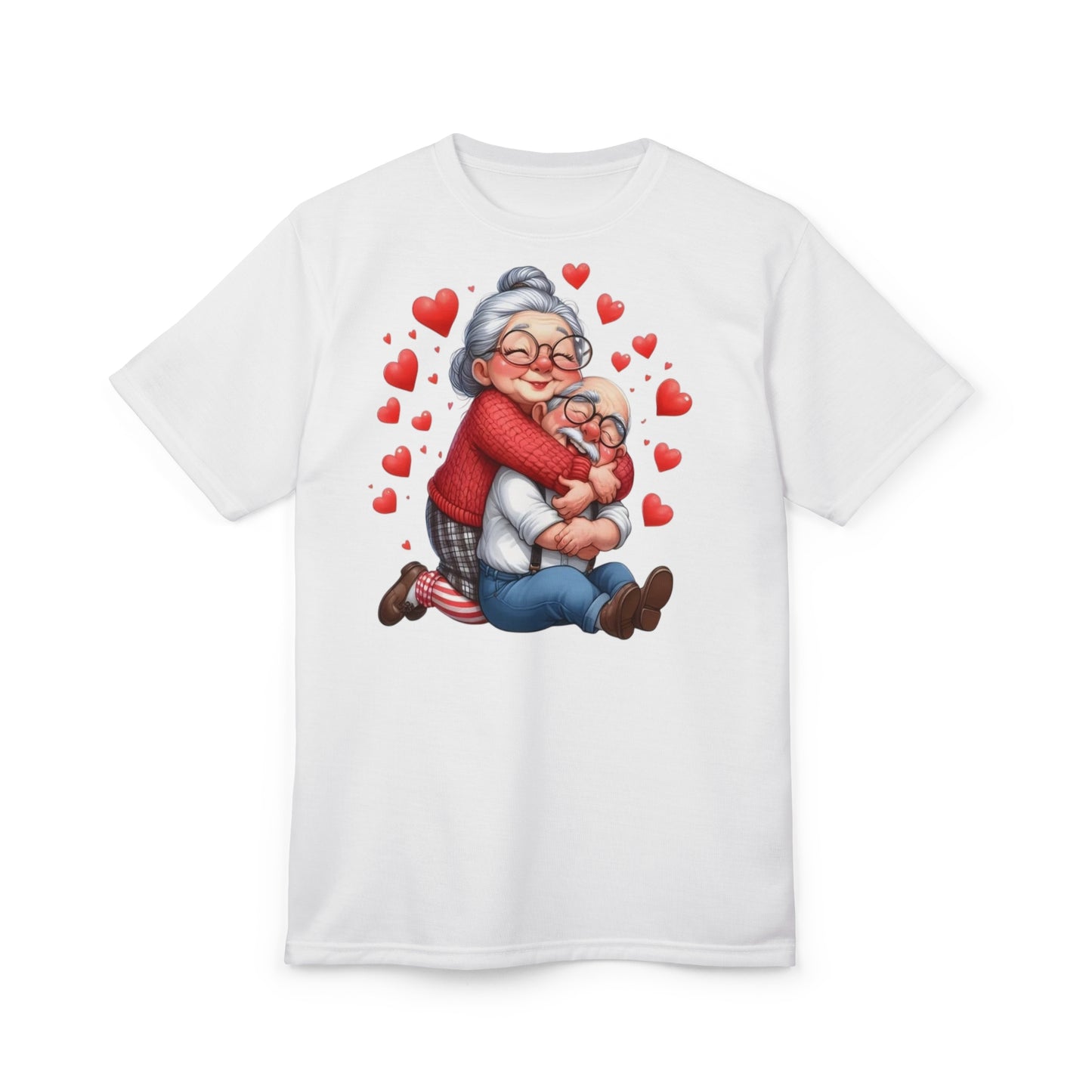 Grandma & Grandpa Hug T-Shirt — Cute Elderly Couple Heart Illustration
