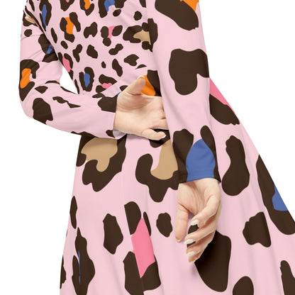 Pink Leopard Print Long Sleeve Dance Dress — Women's AOP Swing Skater Dress