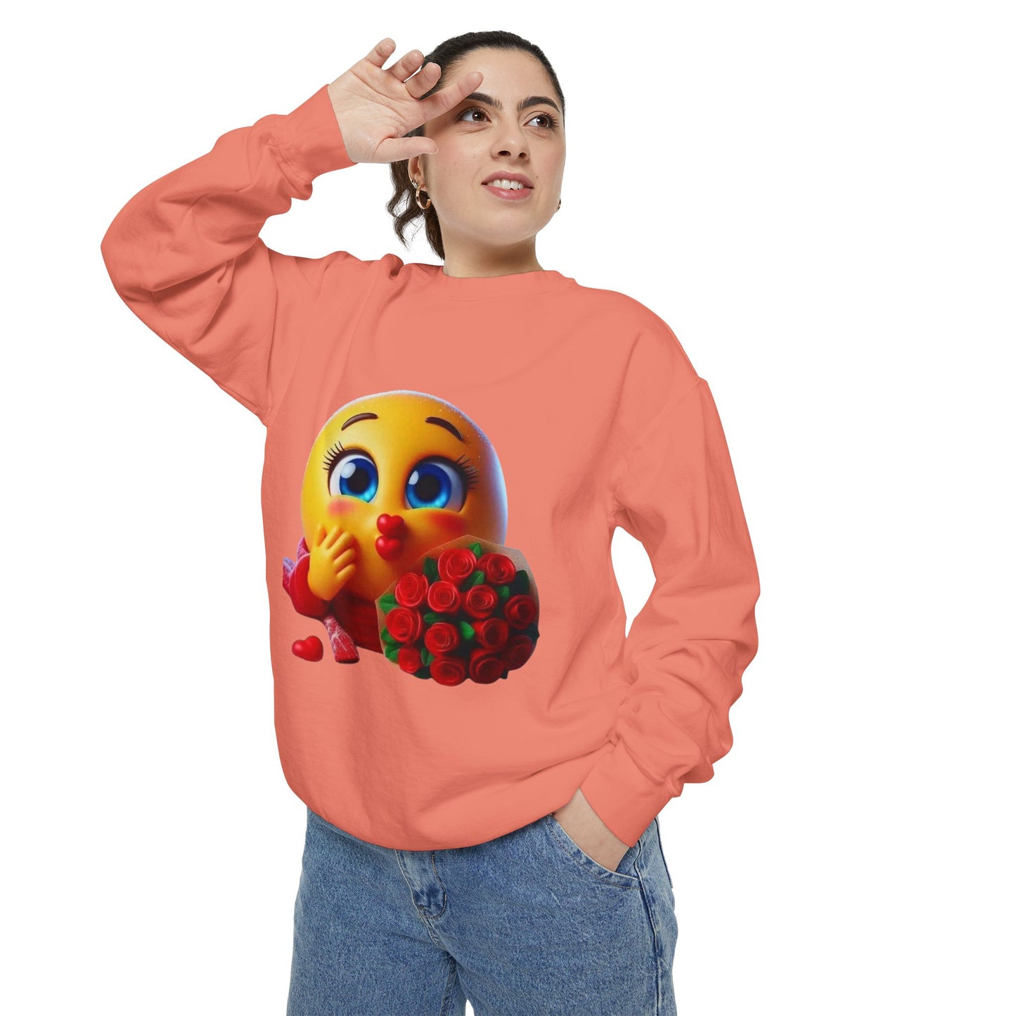 Kissing Emoji with Roses Sweatshirt — Cute Valentine’s Bouquet Graphic Sweatshirt