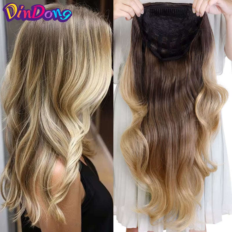 24" Synthetic Wave 3/4 Ladies Half Wig Hair Wavy Wigs with Comb on a Mesh Head Cap Clip in Hair Extension