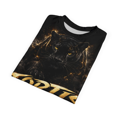 Fortis Black Panther Graphic Tee — Bold Gold Lettering All-Over Print