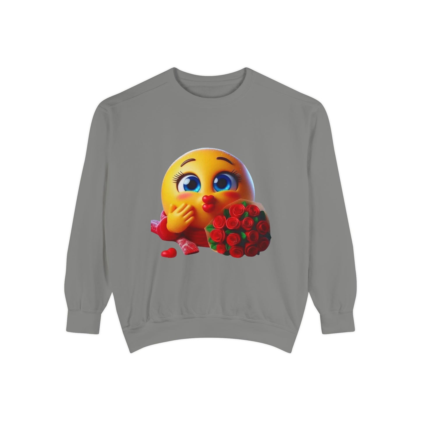 Kissing Emoji with Roses Sweatshirt — Cute Valentine’s Bouquet Graphic Sweatshirt
