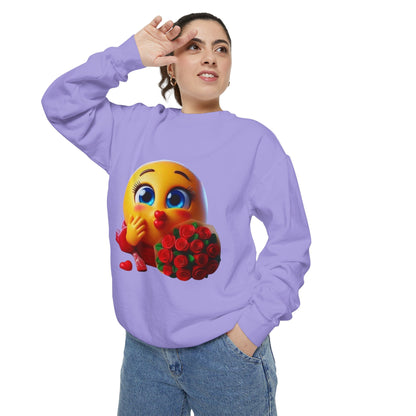 Kissing Emoji with Roses Sweatshirt — Cute Valentine’s Bouquet Graphic Sweatshirt