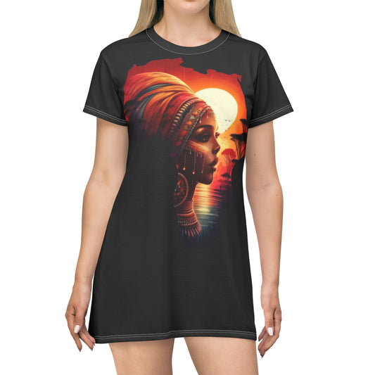African Sunset T-Shirt Dress — Afrocentric Silhouette Sunset Portrait Dress