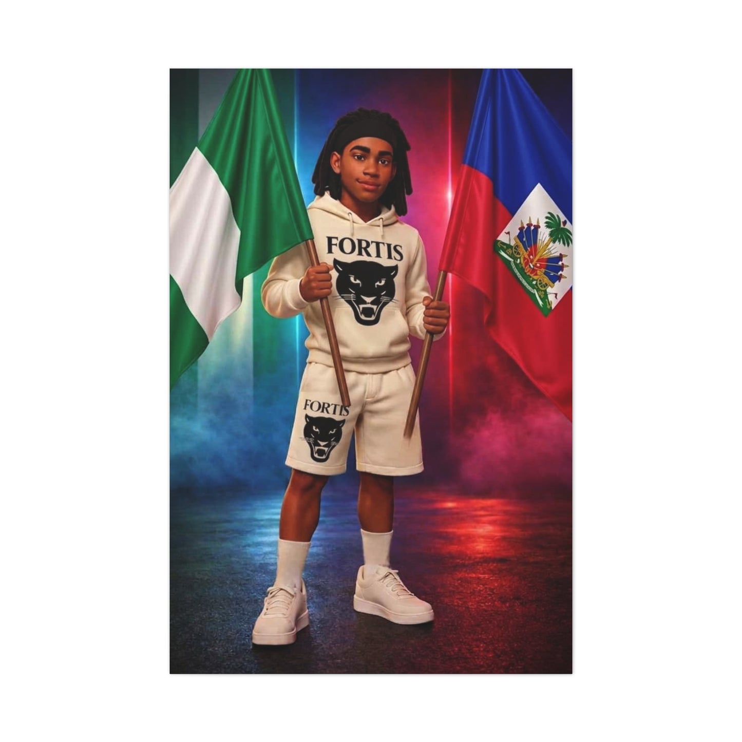 Classic Canvas Portrait Print — Youth Holding Nigeria & Haiti Flags
