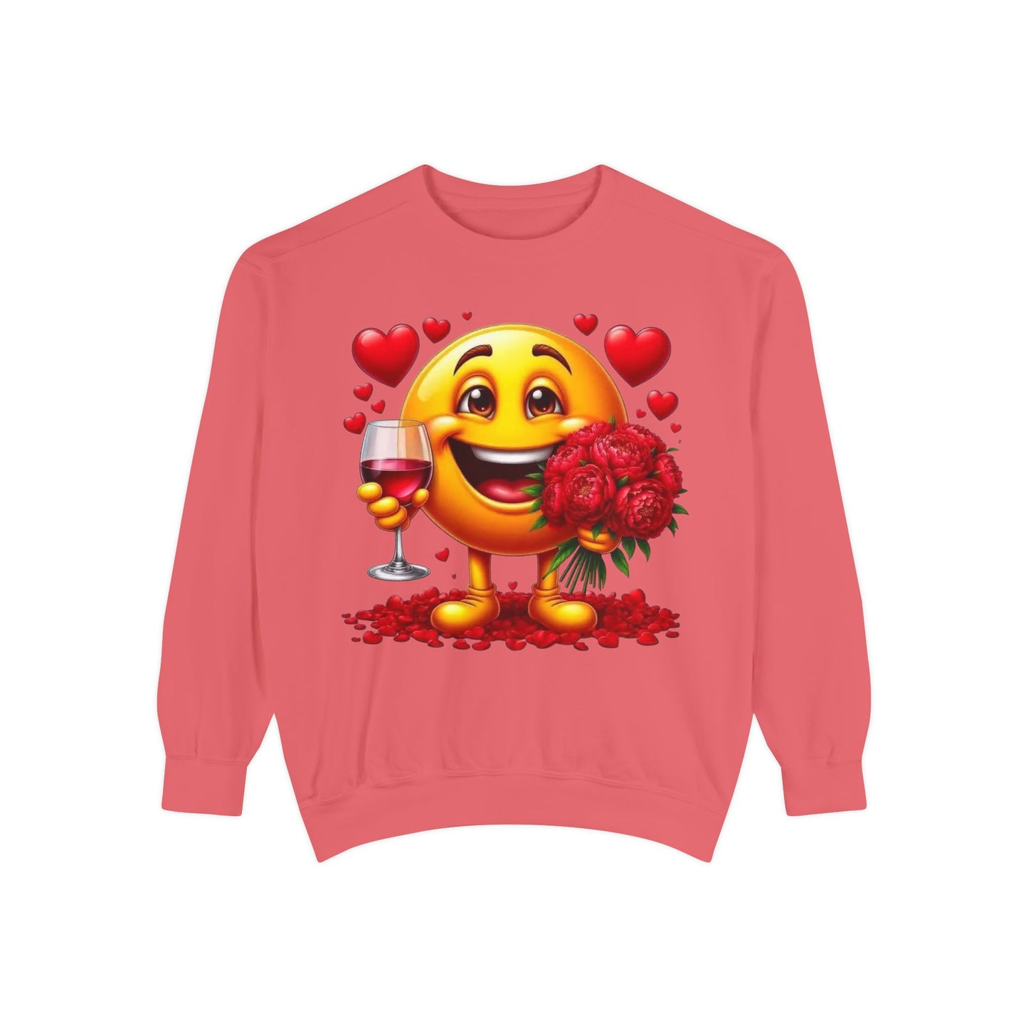Valentine Emoji Sweatshirt — Smiley with Roses & Wine Love Crewneck
