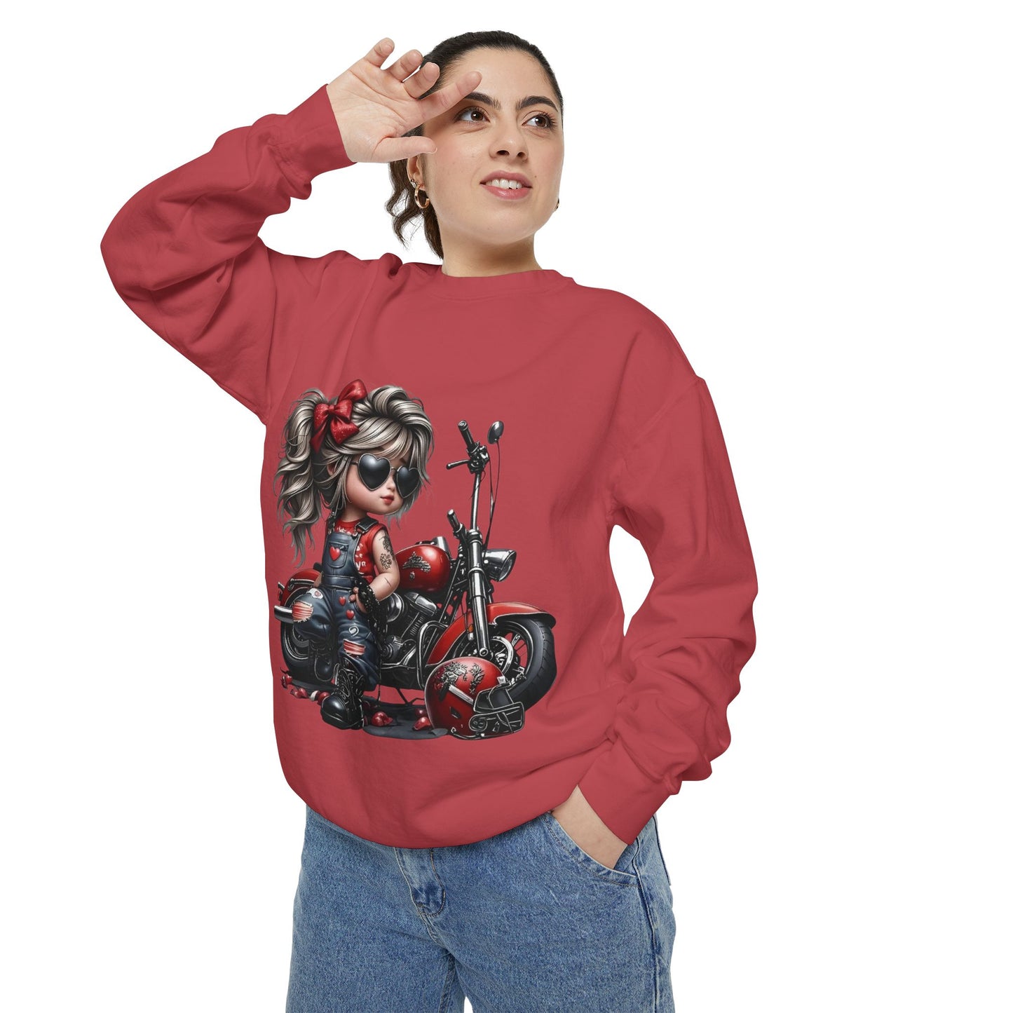 Retro Biker Girl Sweatshirt — Cute Motorcycle Crewneck
