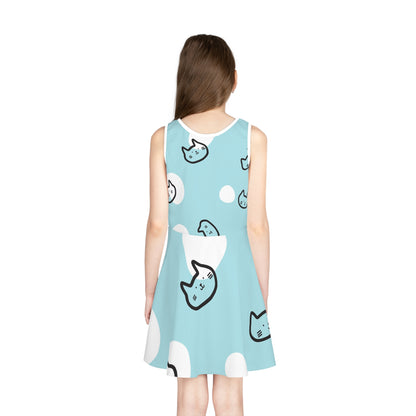 Cute Blue Cat Polka Dot Girls' Sundress
