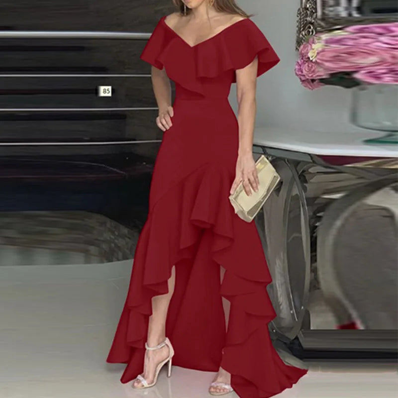 2024 Independent Station Aliexpress Amazon European and American Style V-Neck Ruffle Edge Irregular Elegant Dress