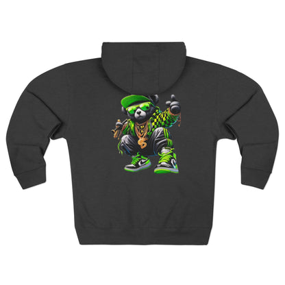 Streetwear Bear Zip Hoodie — Green Urban Teddy Graphic Zip-Up