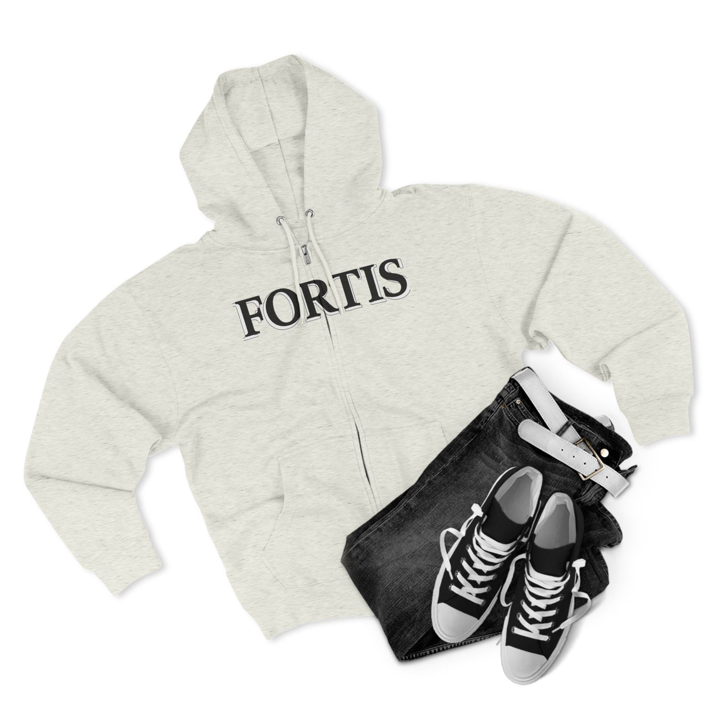 Fortis Zip Hoodie — Classic Minimalist Text Zip-Up Hoodie