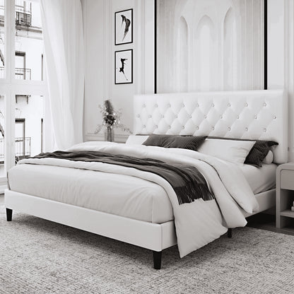 Full Bed Frame, White Faux Leather Upholstered Button Tufted Low Profile Platform Bed Frame with Adjustable Headboard for Bedroom