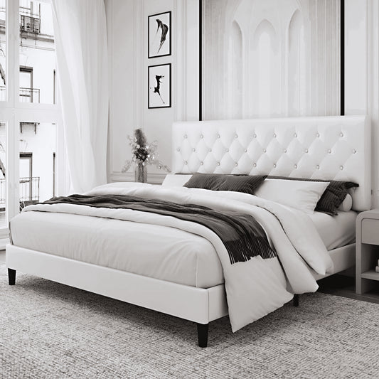 Full Bed Frame, White Faux Leather Upholstered Button Tufted Low Profile Platform Bed Frame with Adjustable Headboard for Bedroom