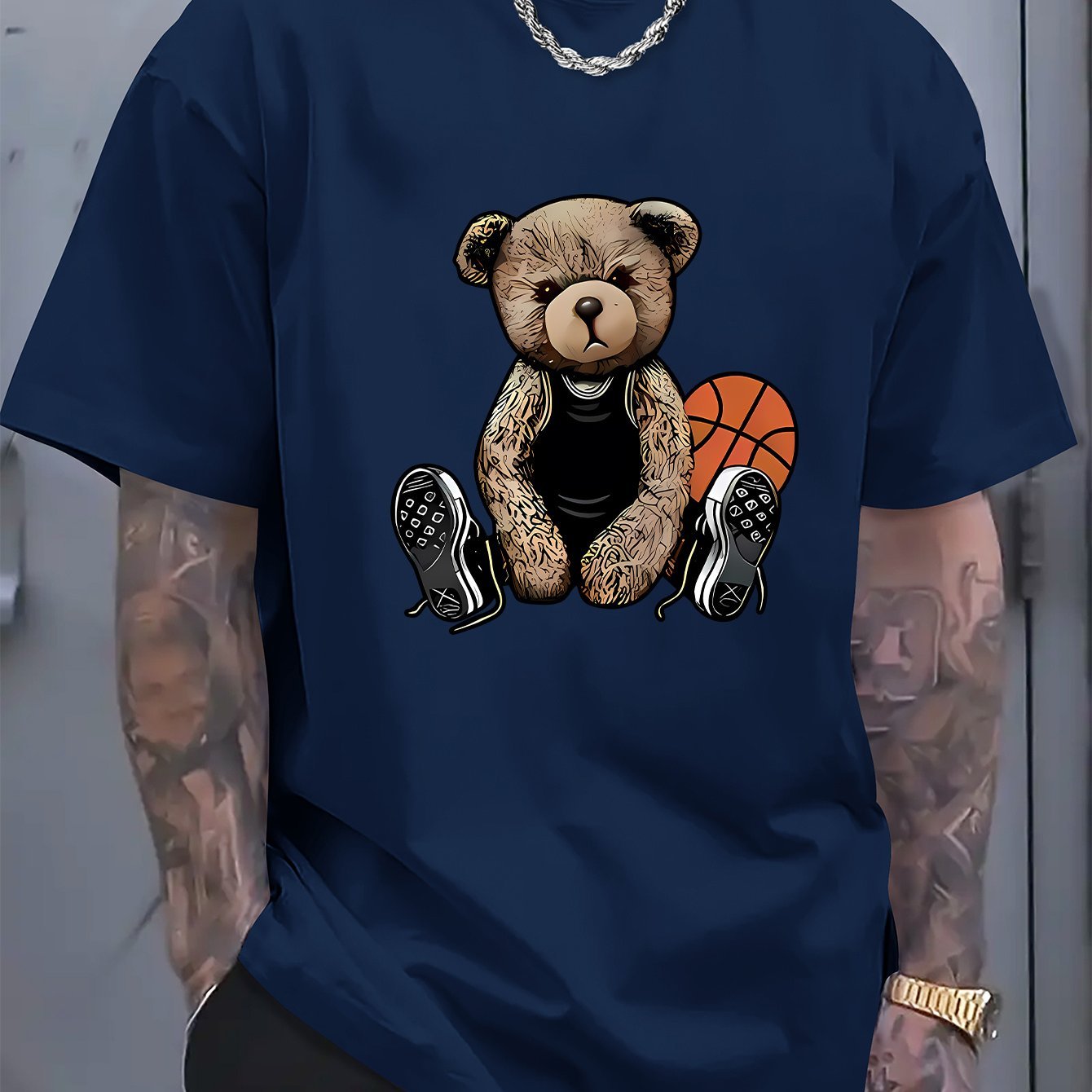 Men's T-shirt With Cool Bear And Basketball Prints, Casual Short Sleeved Round Neck T-shirt, Soft And Comfortable Top, Street Fashion