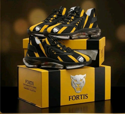Men's Black & Yellow Striped Mesh Sneakers — Athletic Fashion Shoes with Bold Racing Stripe Design