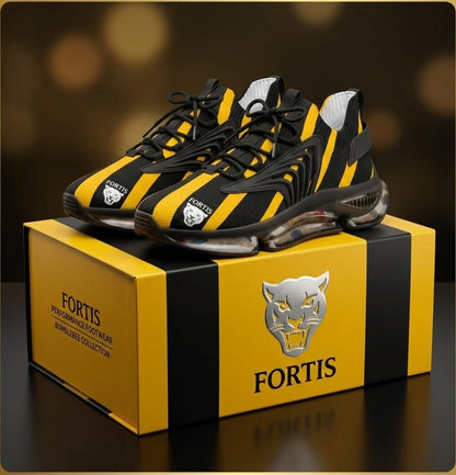 Men's Black & Yellow Striped Mesh Sneakers — Athletic Fashion Shoes with Bold Racing Stripe Design